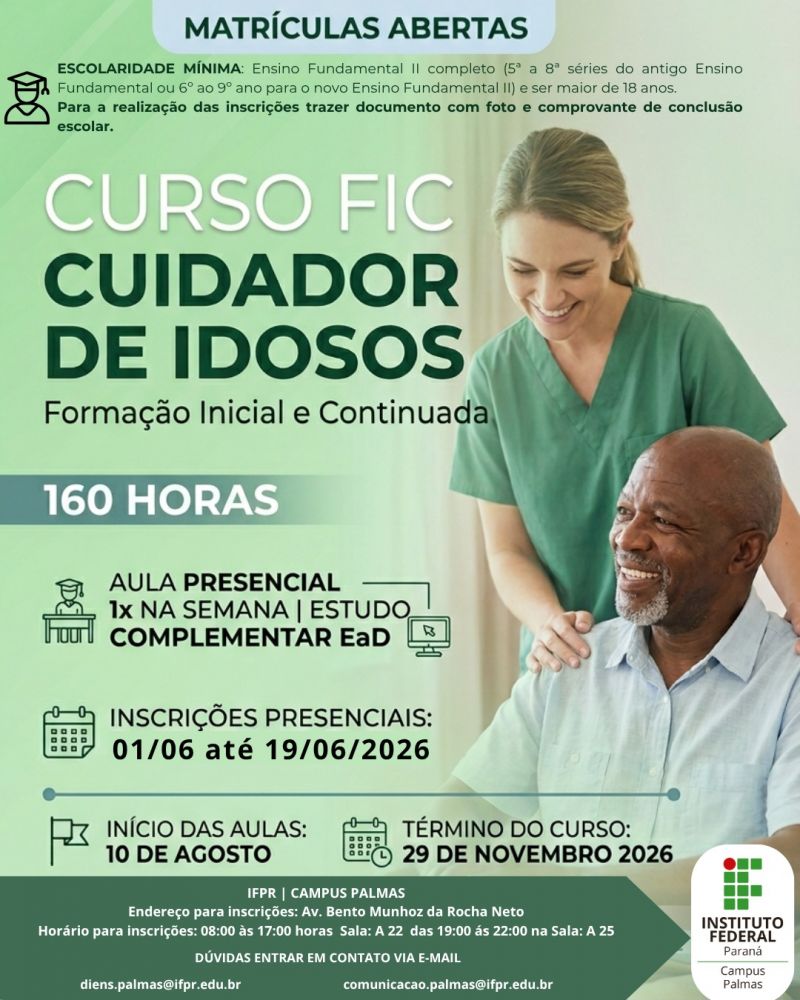 Campus Palmas abre inscrições para curso de Cuidador de Idoso