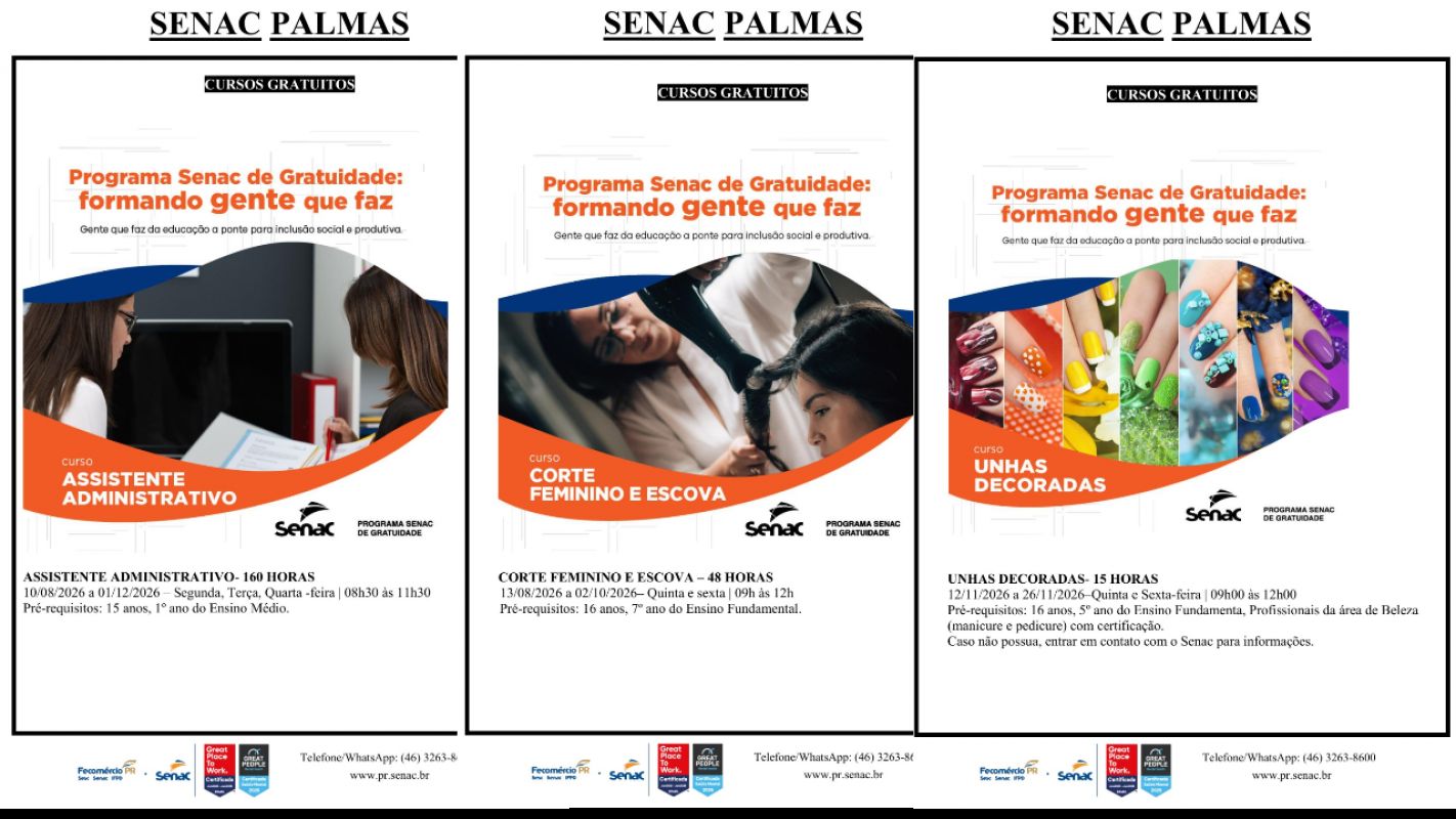 Senac Palmas abre inscrições para três cursos gratuitos de qualificação profissional; veja como participar