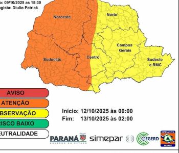 Defesa Civil emite alerta para tempestades severas no Paraná neste domingo